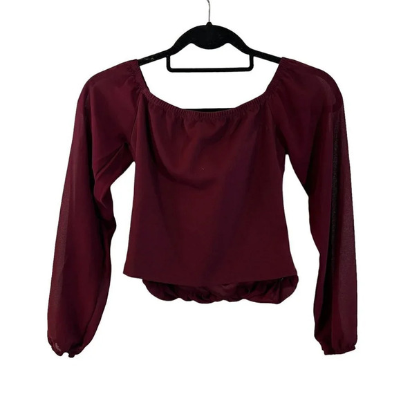 Windsor Dark Red Blouse Size Small Pointed V Neck Chiffon Cropped Long Sleeves - Picture 2 of 5